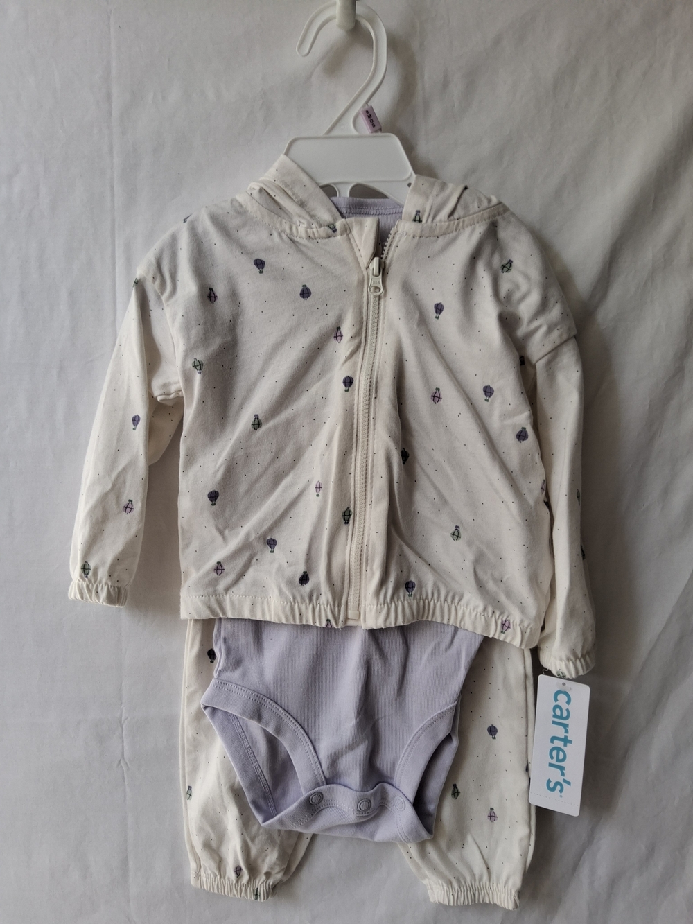 Carter's Cream‎ Hooded Zip Sweatshirt, Pants & Lavender Bodysuit Set